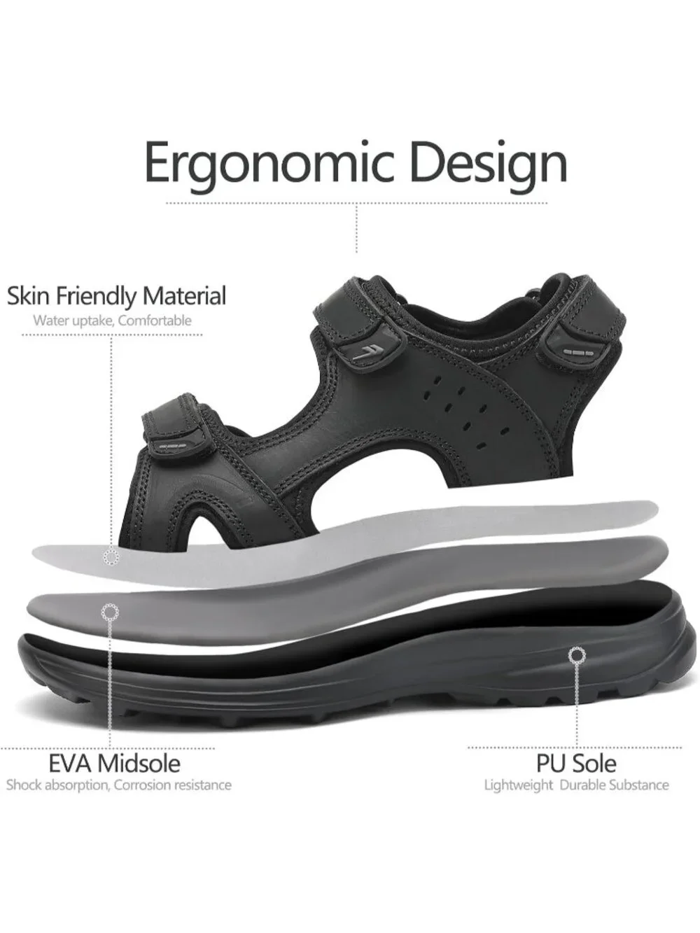 Men's All Black Adjustable Open Toe Leather Athletic Sport Hiking Sandal Shoes